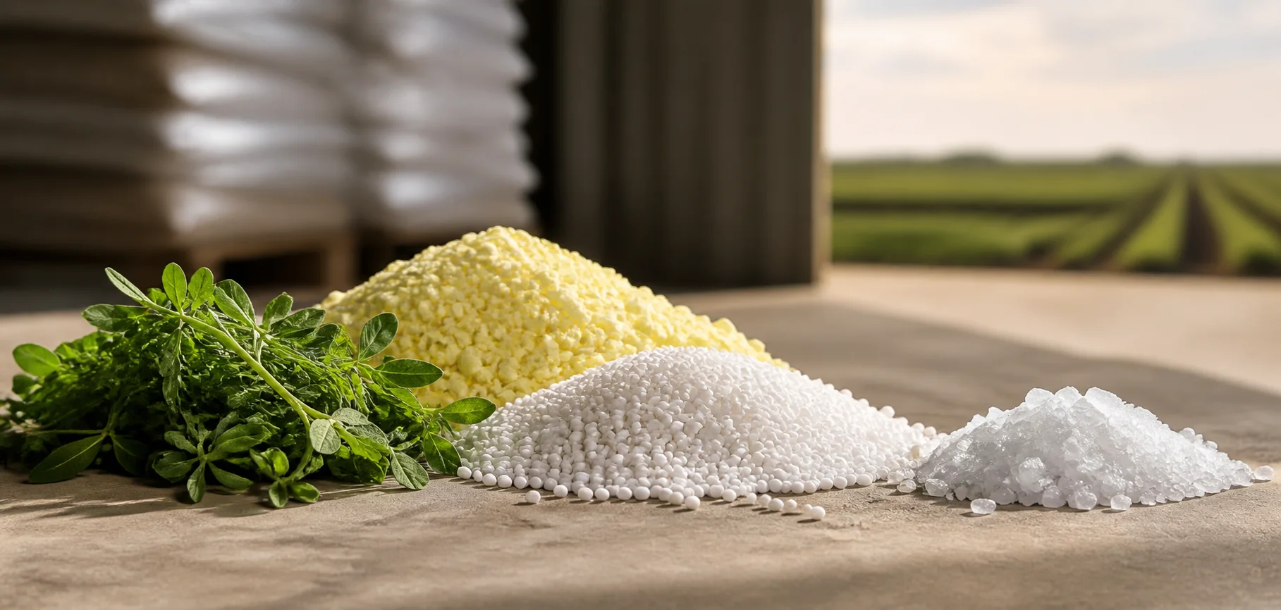 Fertilizantes minerales y alfalfa en un entorno agrícola