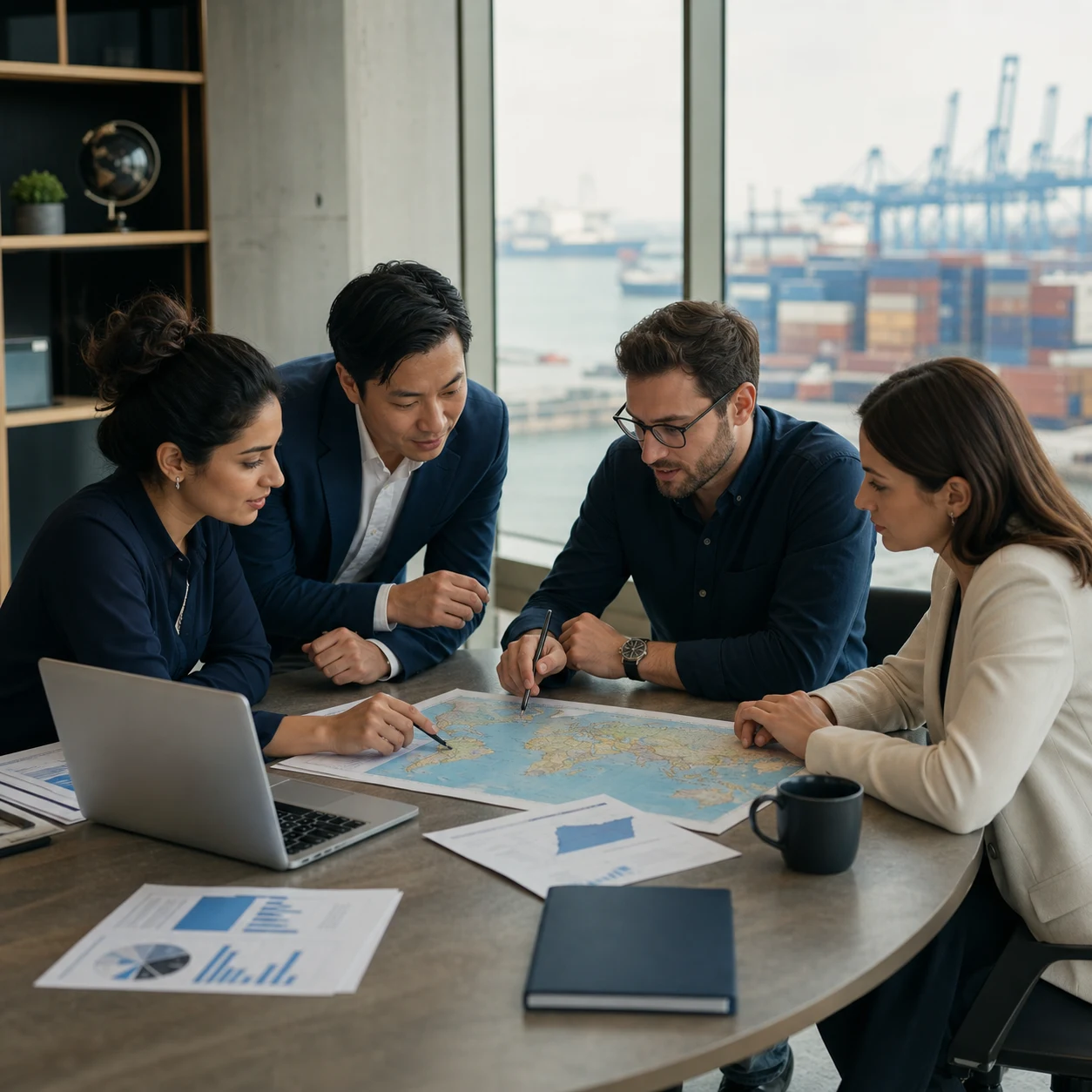Equipo internacional de profesionales colaborando sobre un mapa comercial